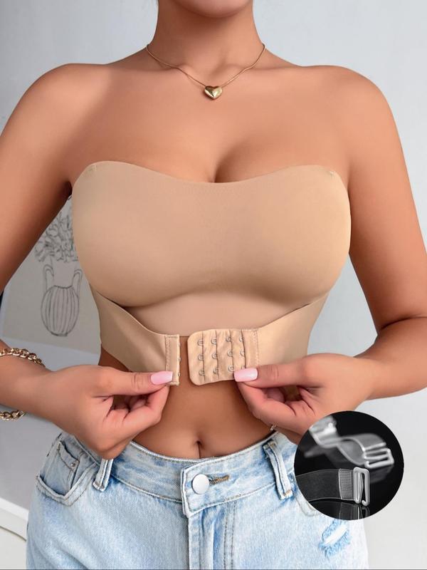 Women's Solid Color Push Up Bra with Transparent Shoulder Strap, Soft Comfortable Breathable Seamless Strapless Wireless Bra, Women's Lingerie for All Seasons